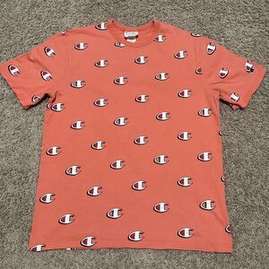 VTG Champion Shirt Mens Large Orange Heritage Scribble AOP Logo Heavy Tee